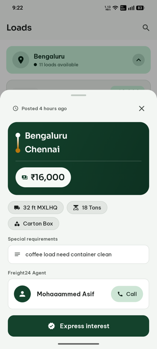 A load detail in F24 Loads showing a Bengaluru to Chennai run priced at 16,000 rupees, 32 feet, 18 tons, carton box, with an express interest button.
